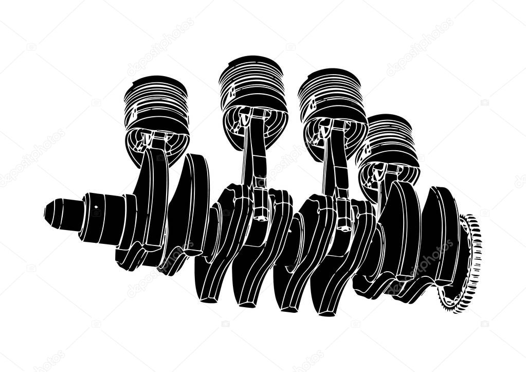 Black internal combustion engine on a white background