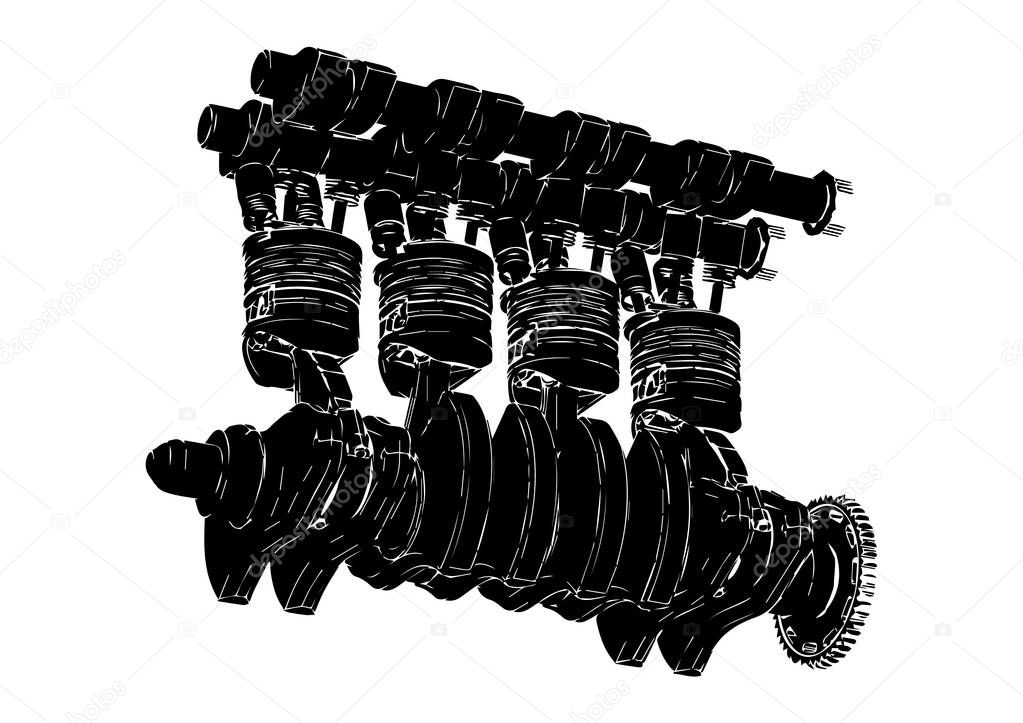 Black internal combustion engine on a white background