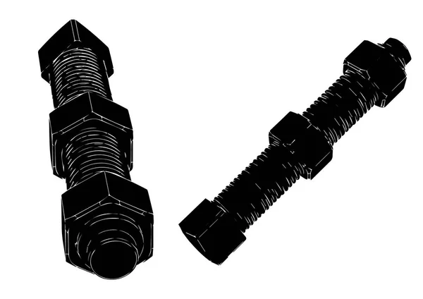 Parafuso preto com uma porca em um branco —  Vetores de Stock