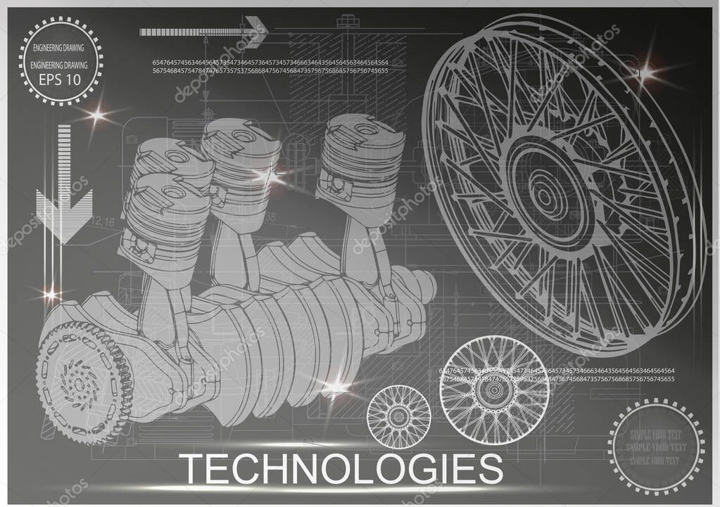 Car engine and wheels on a gray background. Drawing