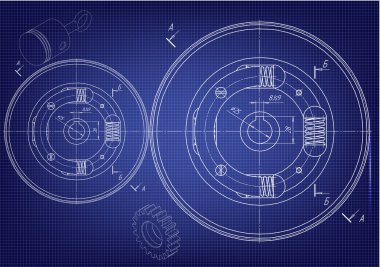 Mavi bir arka plan üzerinde makine yapım çizimleri