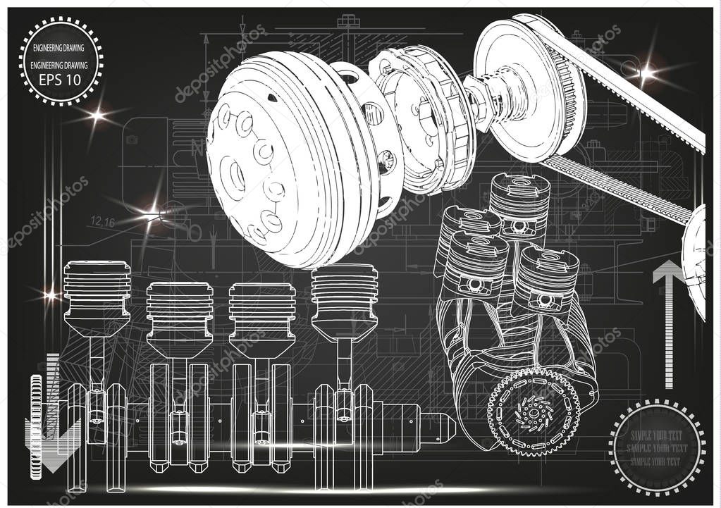 Machine Building Drawing The Car Engine On A Black Background 3d Larastock