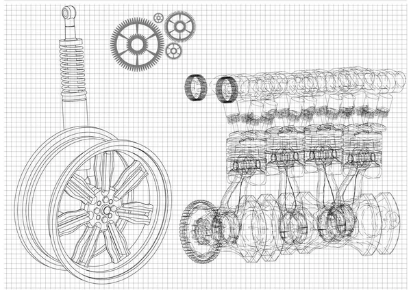 Motor y rueda del coche sobre un fondo blanco — Archivo Imágenes Vectoriales