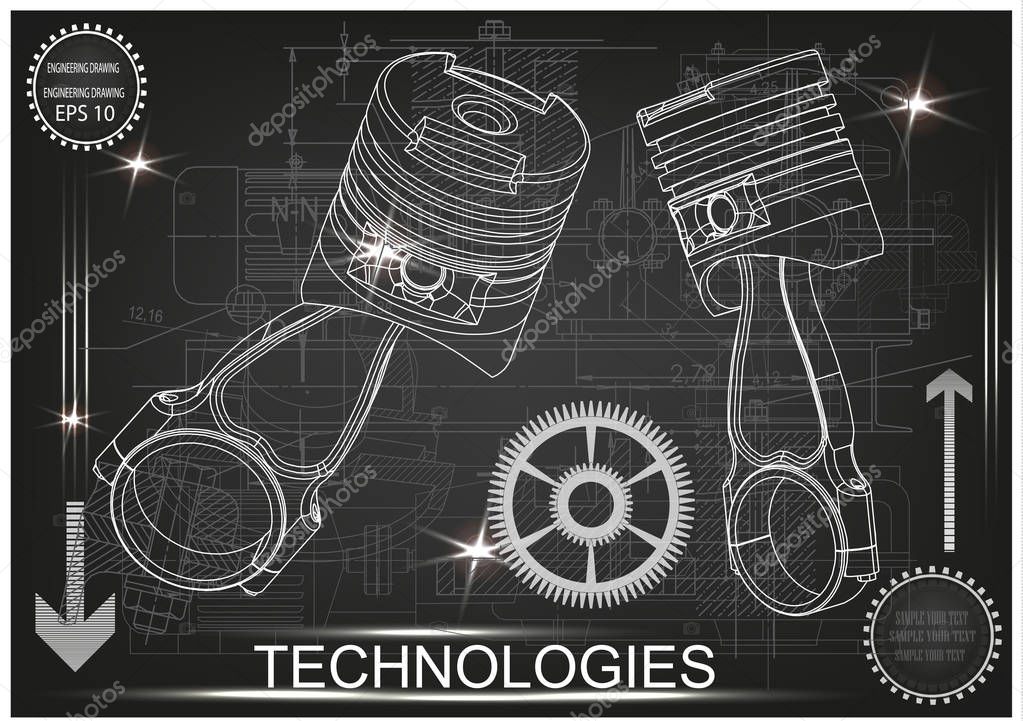 3d model of piston and gear on black background. Drawing