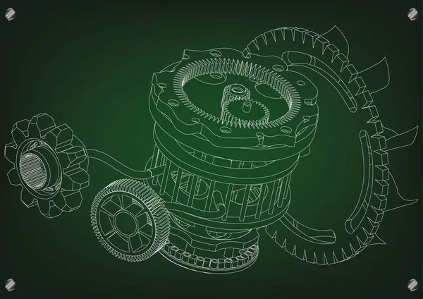 Versnelling mechanisme op groen — Stockvector