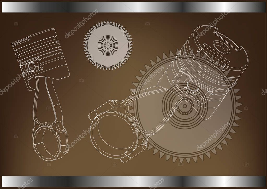 3d model of piston and gear on brown background. Drawing