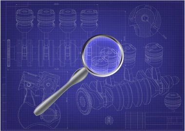 Bina çizim makine. Motor araba mavi üzerinde.