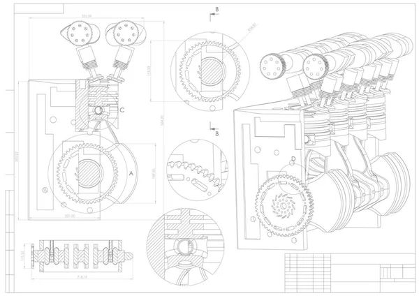 Desenho de construção de máquinas. Carro de motor em um branco —  Vetores de Stock