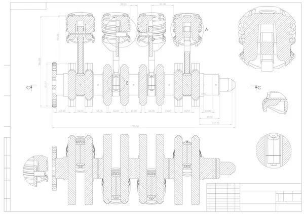 Desenho de construção de máquinas. Carro de motor em um branco —  Vetores de Stock