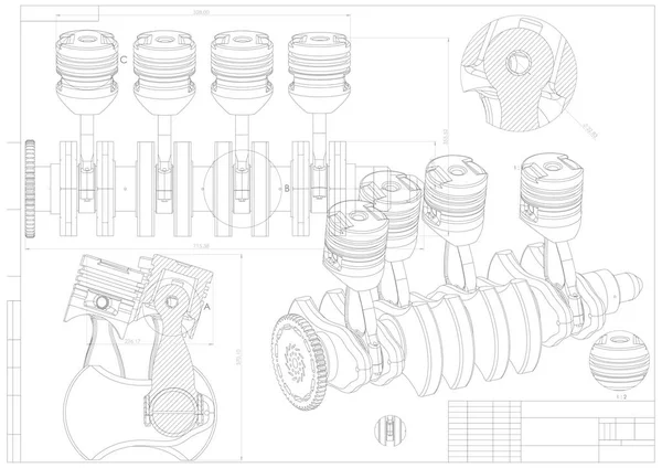 Desenho de construção de máquinas. Carro de motor em um branco —  Vetores de Stock