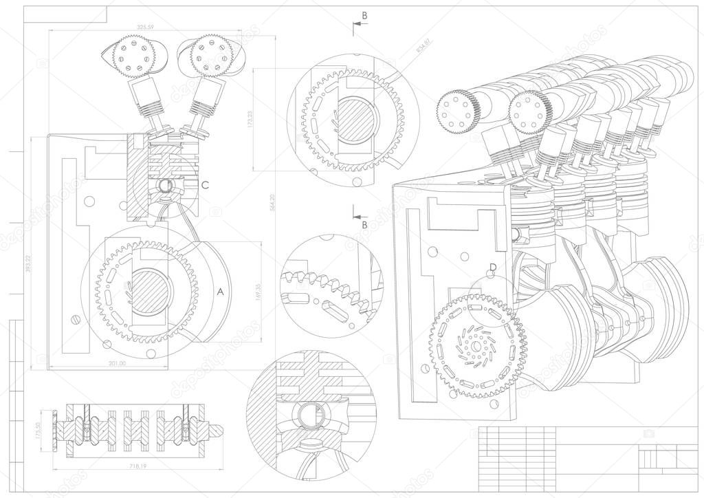 Machine building drawing. Engine car on a white