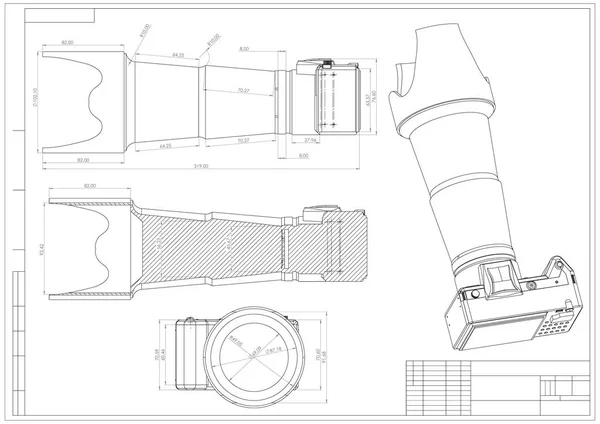 Zeichnung und 3D-Modell der Kamera auf weißem Hintergrund — Stockvektor