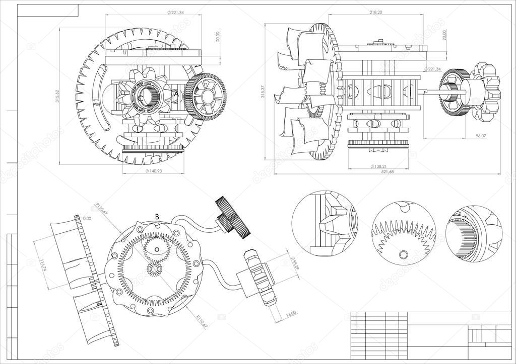 Drawing and 3d model gear mechanism on a white