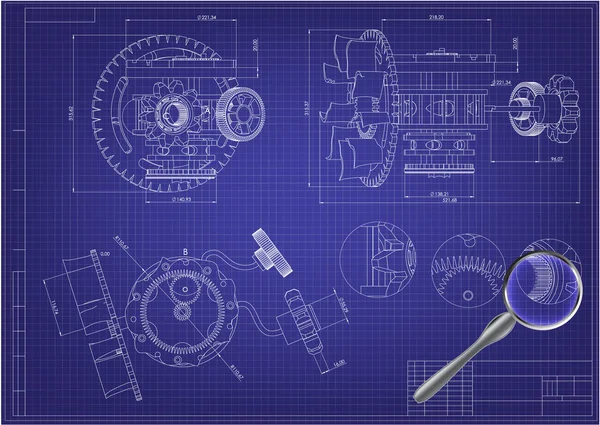 Dibujo y mecanismo de engranaje modelo 3d en un azul — Vector de stock