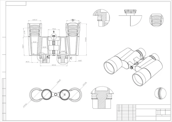 Zeichnung und 3D-Modell eines Fernglases — Stockvektor