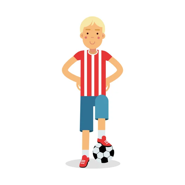 Cute teenager boy in sports uniform standing with a soccer ball cartoon character, kids physical activities vector Illustration