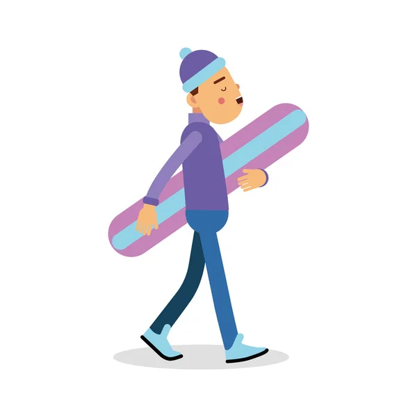 Young boy walking with snowboard cartoon character, winter sports vector Illustration