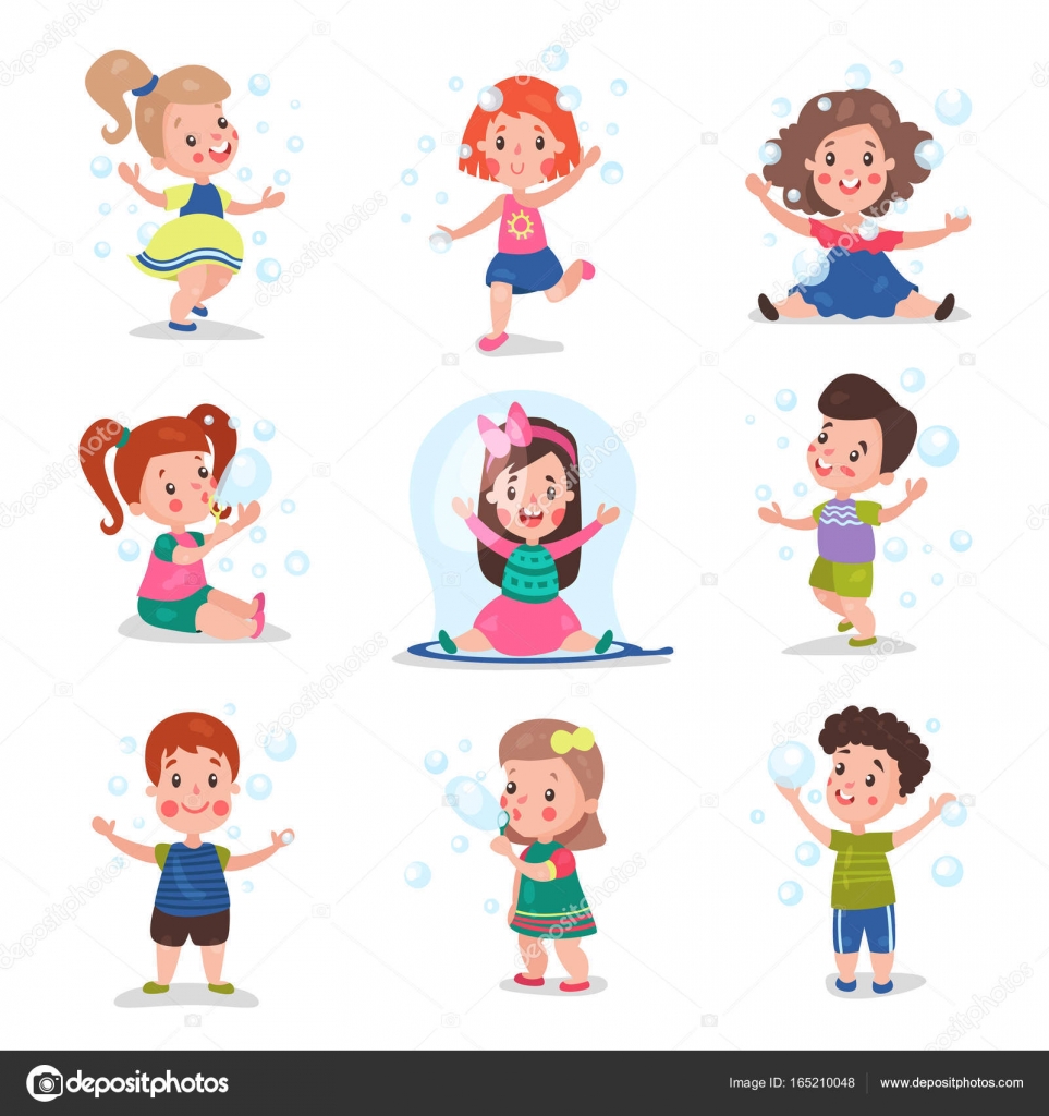 漫画ベクトル イラストのかわいい子供たちを吹くとシャボン玉遊びセットします ストックベクター C Happypictures