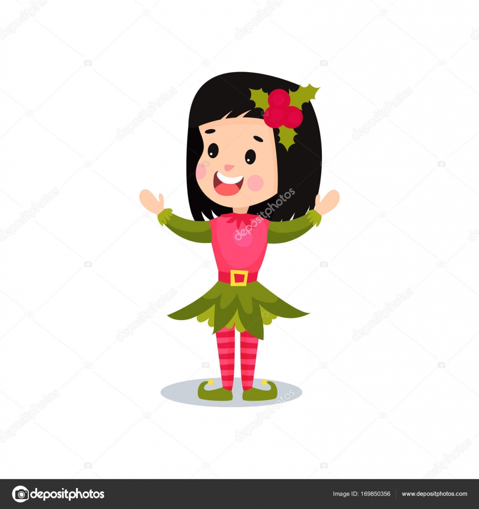 Lovely Smiling Little Girl In The Costume Of Elf Kid In