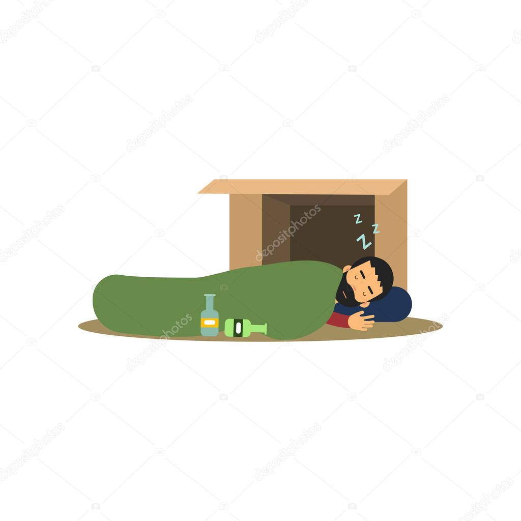 Homeless Man Character Sleeping On The Street In Cardboard Box