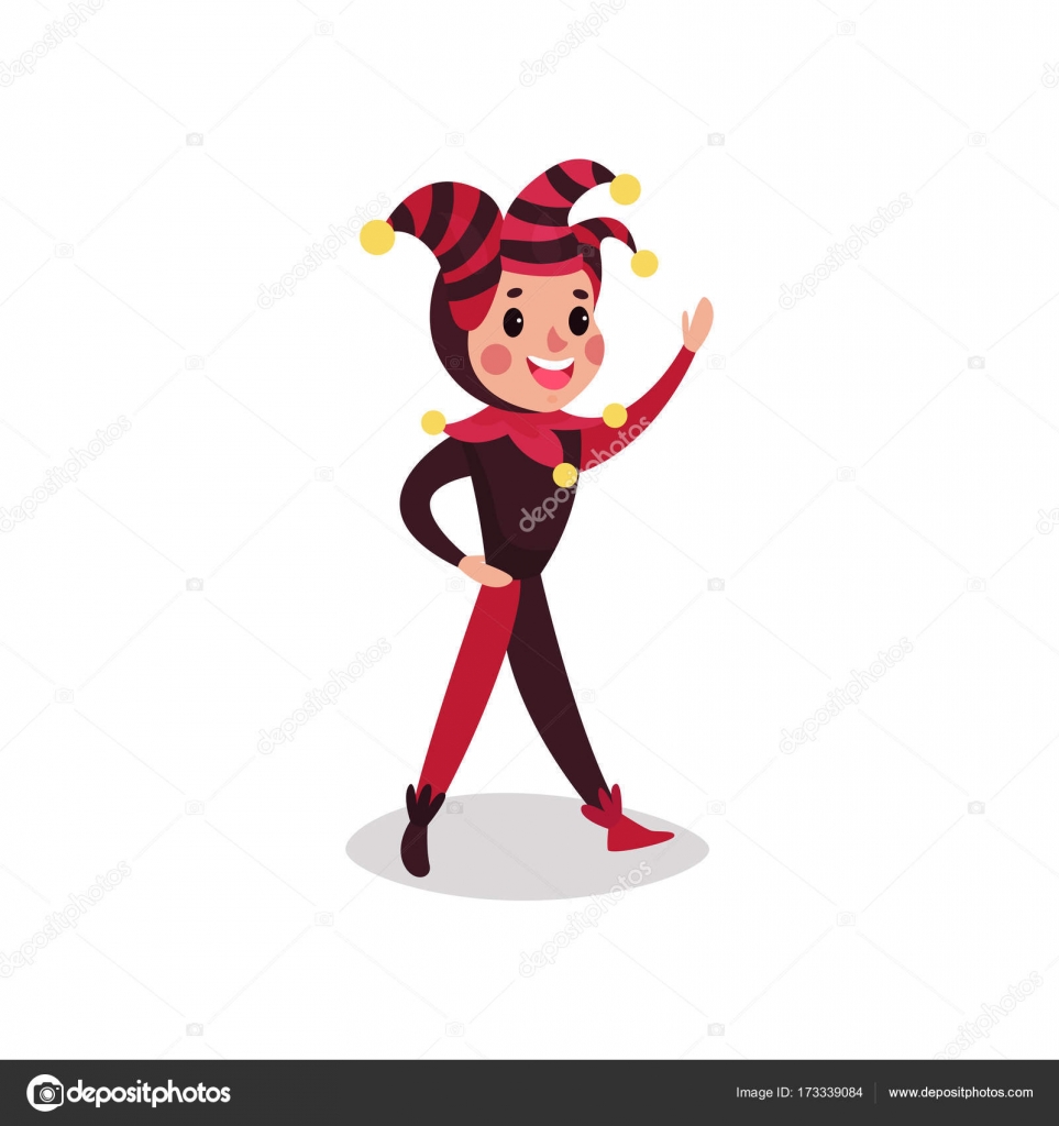 joker flat cartoon character waving his hand boy clown in black and red costume cap and bells stock vector c happypictures 173339084 depositphotos