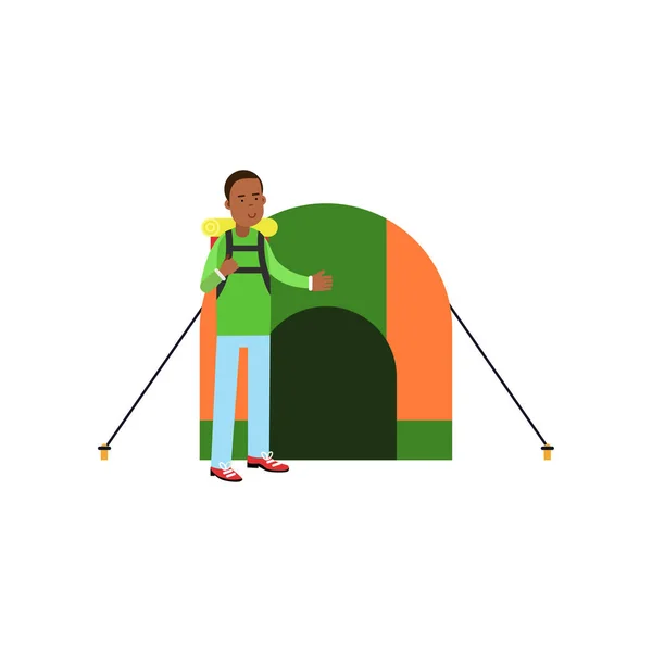 Flat vector illustration of cheerful black man with hiking backpack on his shoulders standing near big camping tent. Outdoor recreation, adventures in nature