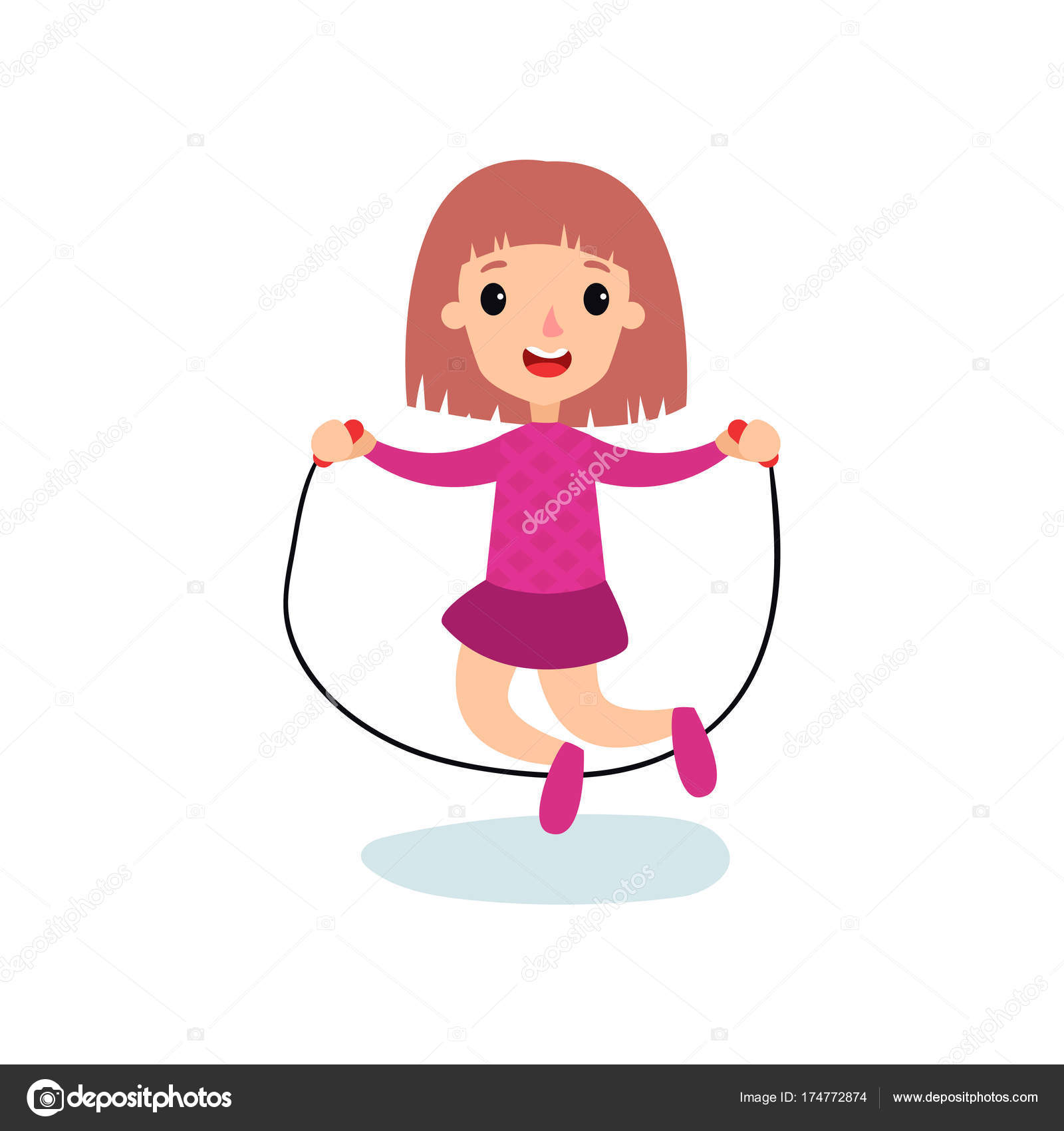 Smiling little girl character jumping with rope, kids physical activity ...