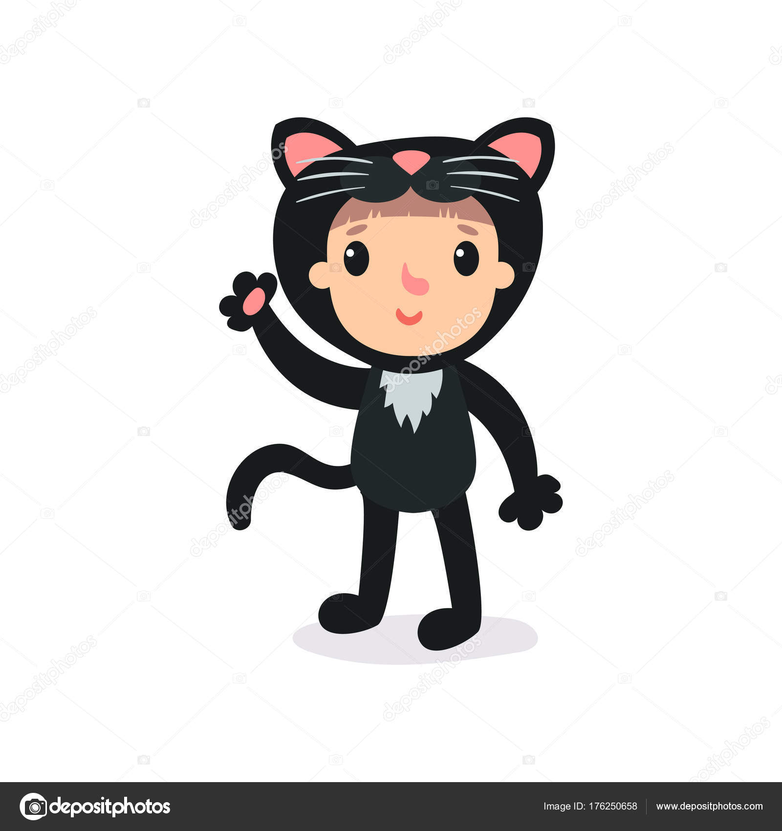 Bambino In Costume Di Peluche Gatto Nero Che Fluttua A Mano Bambino