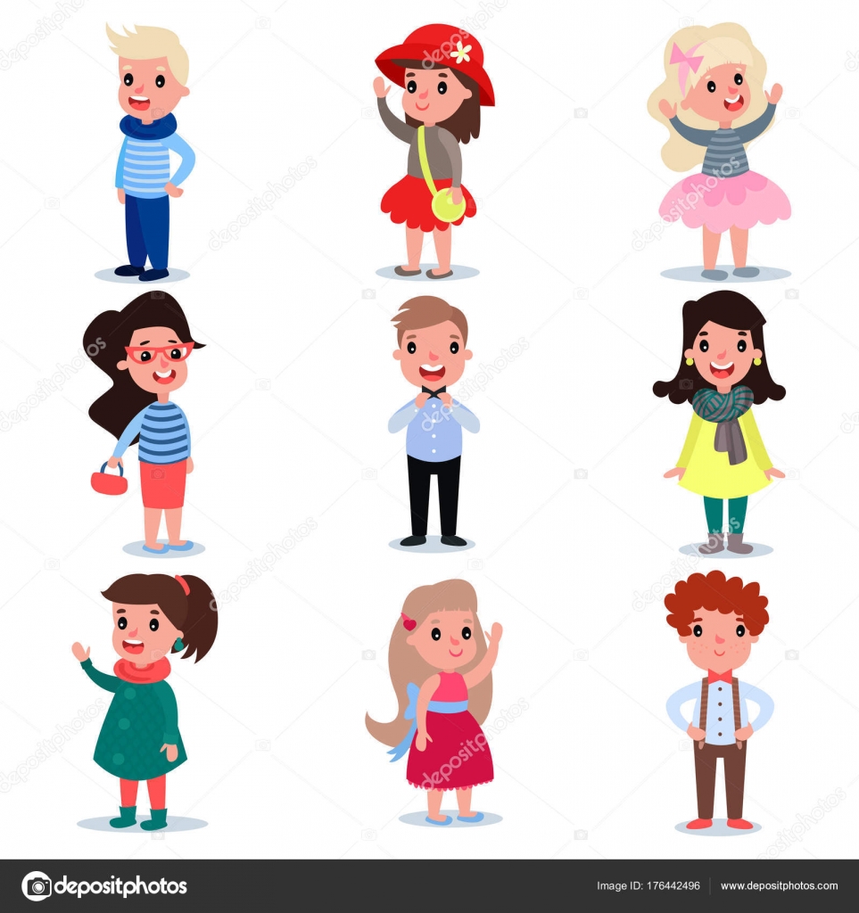 Personaggi di ragazzi e ragazze dei cartoni animati in piedi isolato su bianco Illustrazione vettoriale di piatto colorato Design per bambini s libro