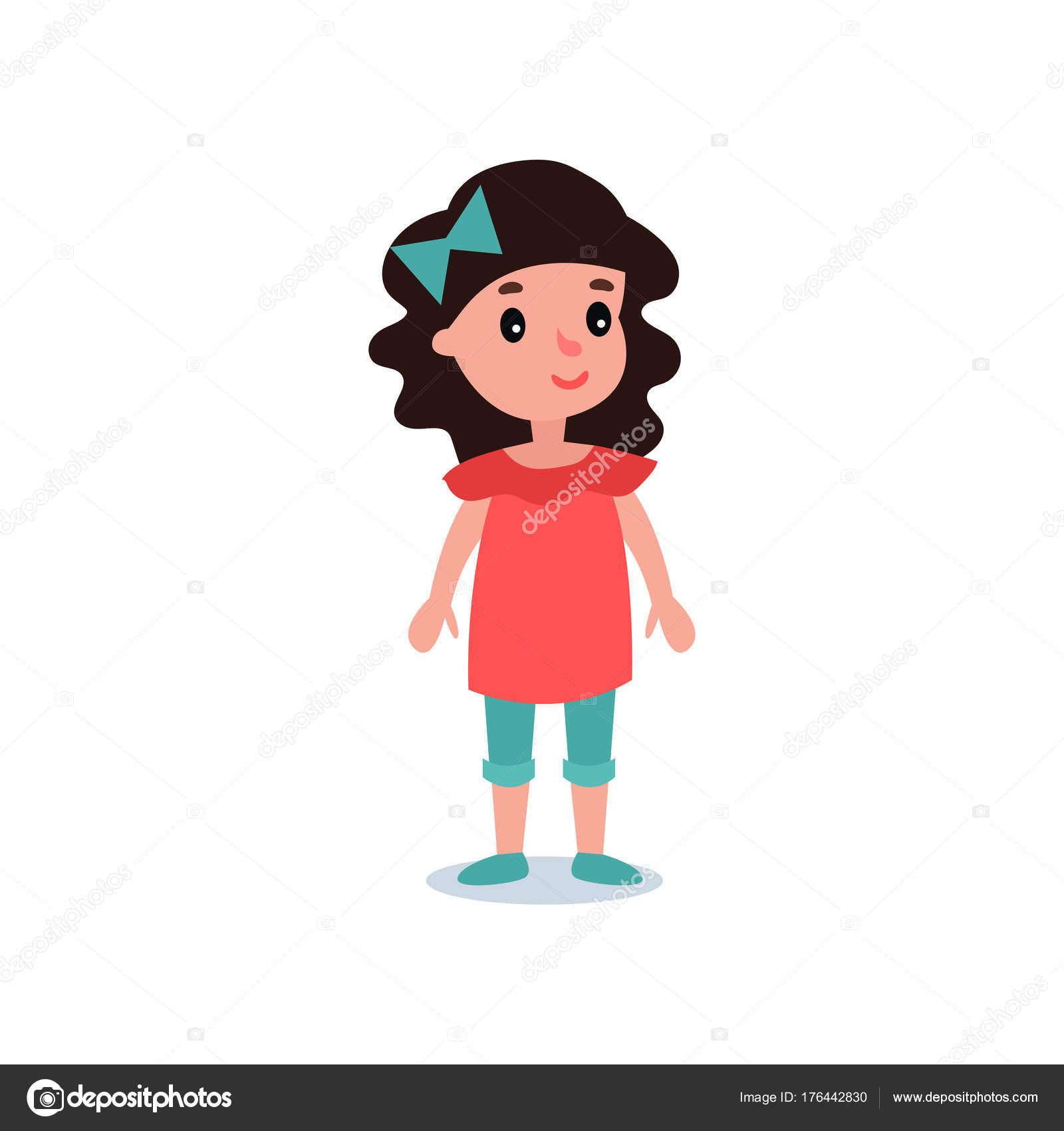 Piccolo bambino prescolare con capelli neri che posa in camicia casual vestiti di rosso pantaloncini blu e fiocco Condizione di personaggio ragazza del