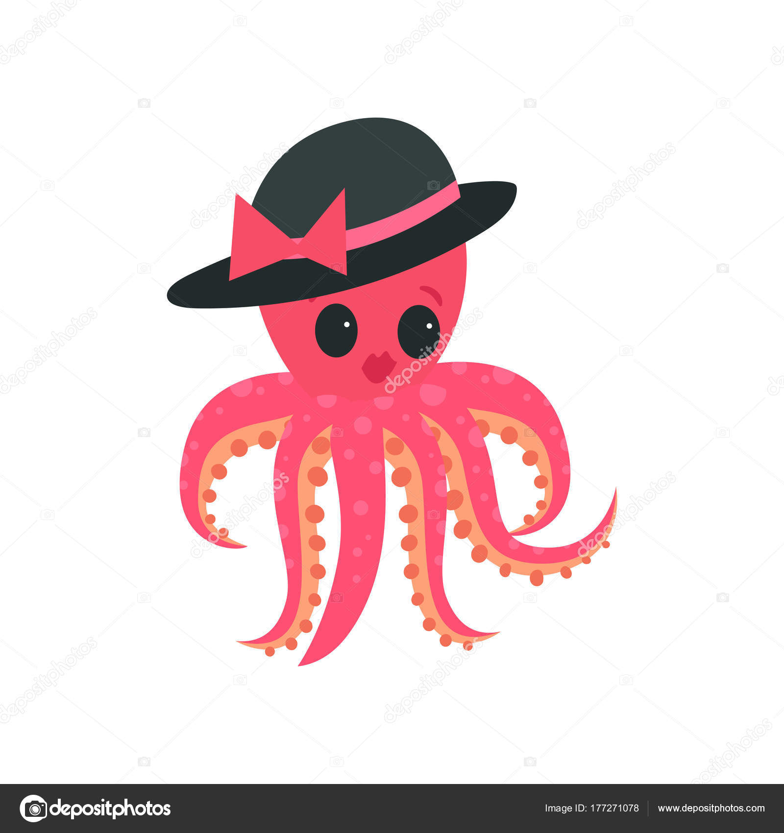 Illustrazione del polipo rosa con labbra carnose e grandi occhi lucidi Mollusco del fumetto in cappello elegante nero con fiocco Design per rete adesivo