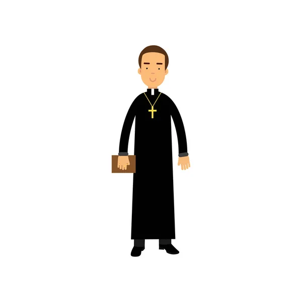 Cartoon priest character wearing traditional black cassock with cross around neck. Young catholic pastor holding Bible in hand. Religious person. Flat vector design