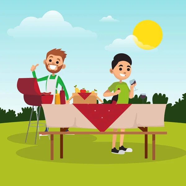 Cartoon father and son preparing for barbecue party in park. Dad fries sausages on grill. Boy fills glass with wine. Family recreation. Flat vector