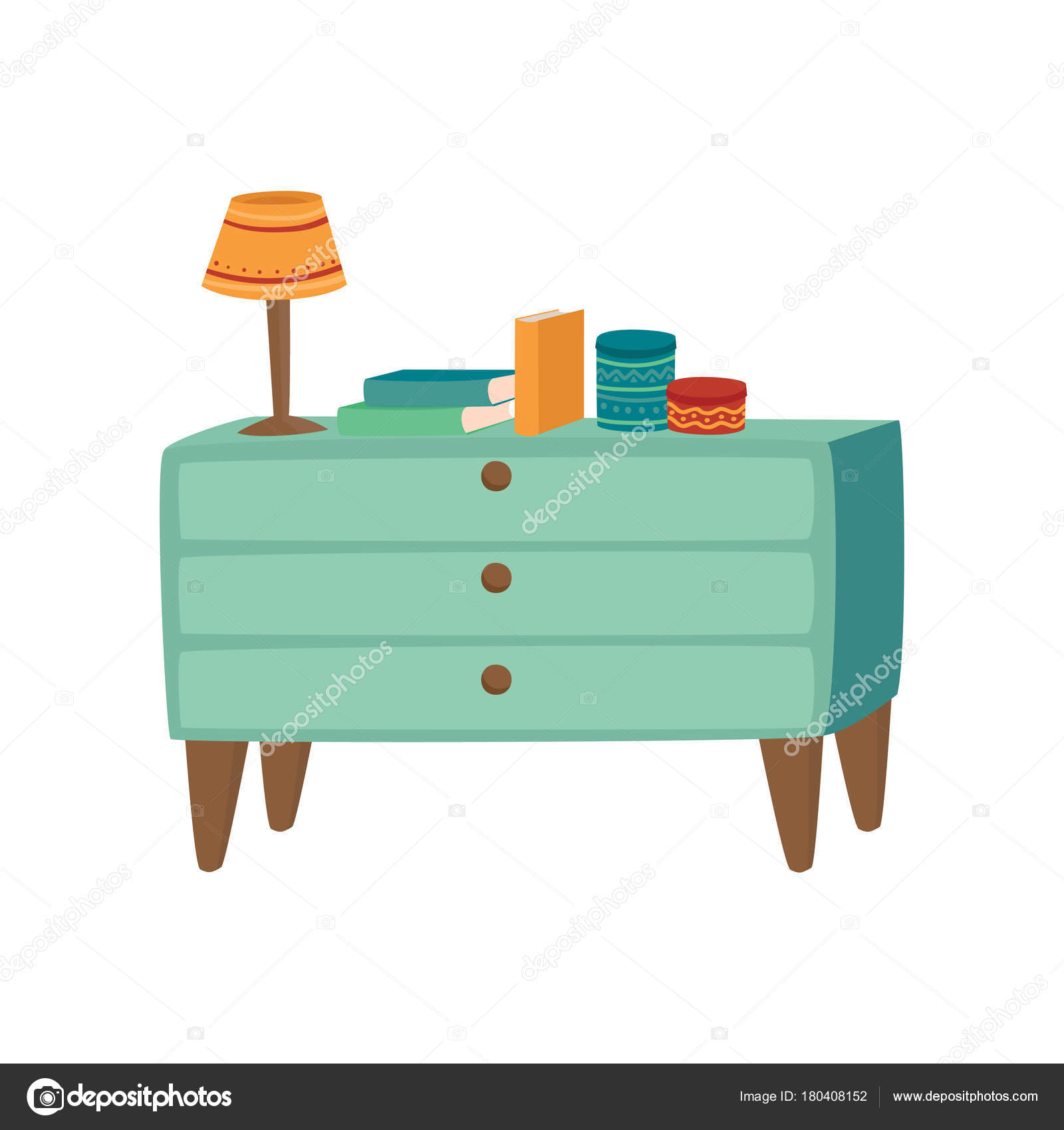 Luz azul de Cajonera de madera con lámpara y libros el vector