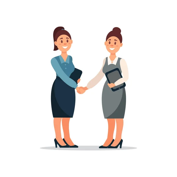 Business people cooperation agreement, handshake of two businesswomen, productive partnership cartoon vector Illustration