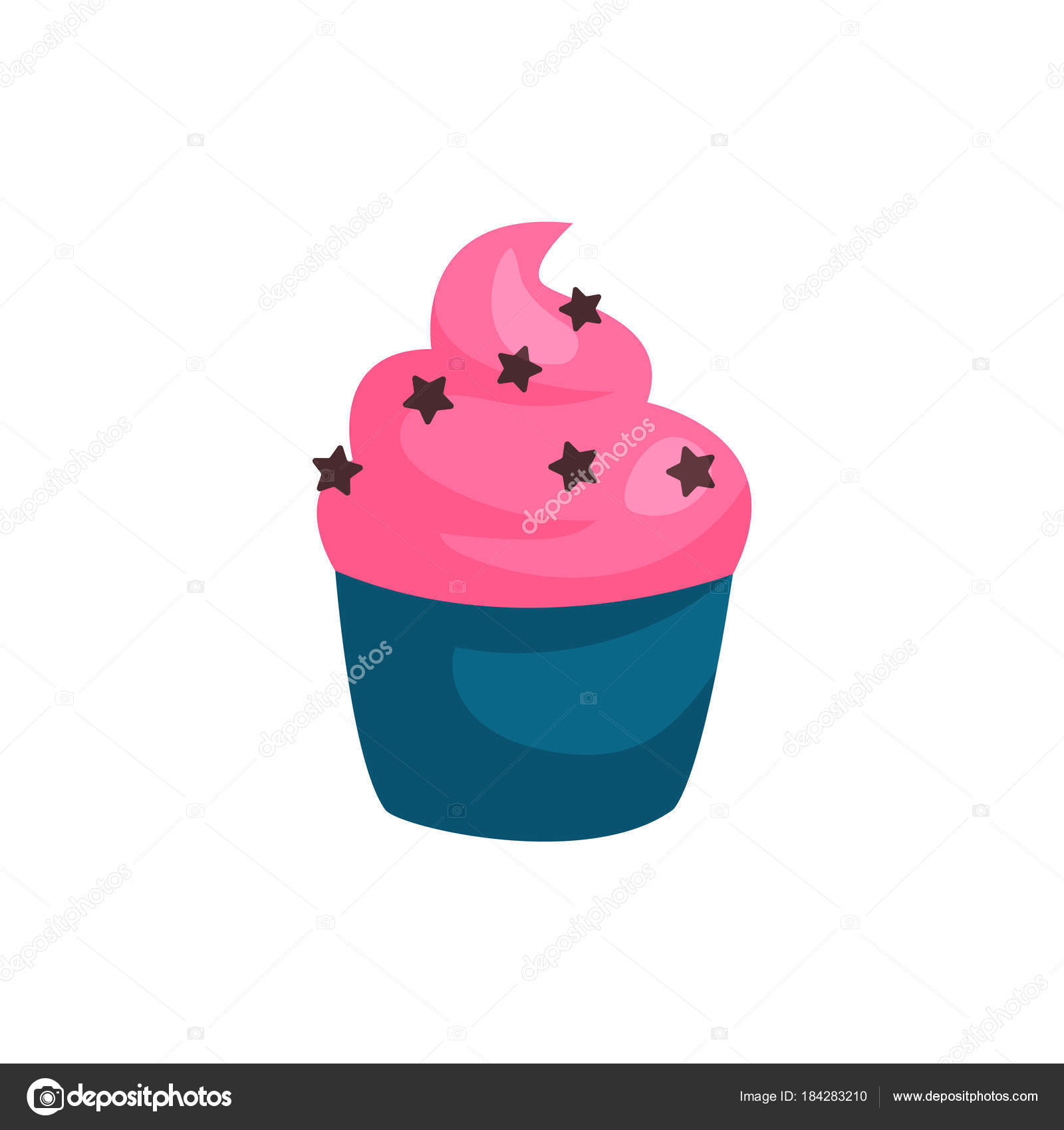Birthday cupcake o muffin con panna e fragole Concetto di gustosi dessert Icona in stile piano Elemento di disegno grafico per la cartolina d auguri
