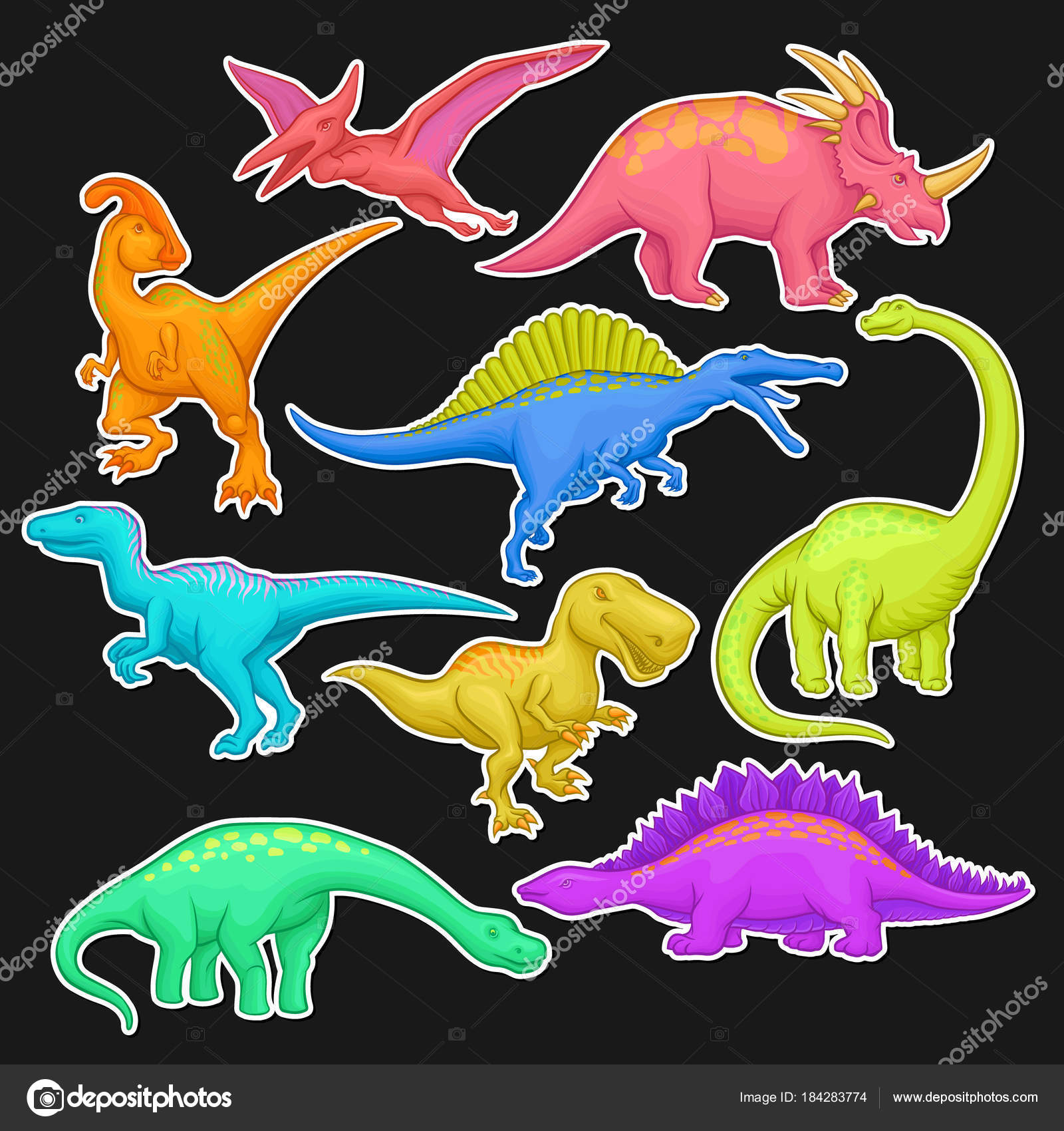 Colorata collezione di rettili preistorici Animale gigante del periodo Giurassico Personaggi dei cartoni animati del dinosauro in stile piano Disegno per