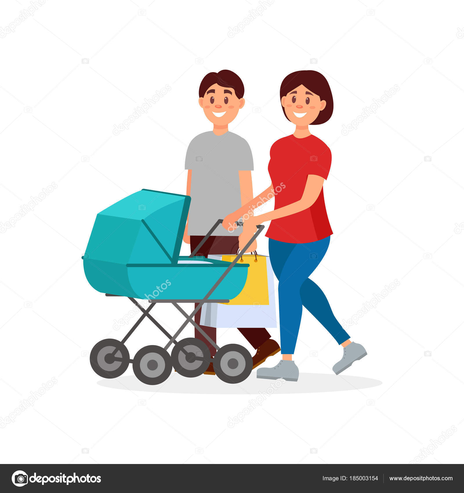 Giovane famiglia che cammina dopo lo shopping Madre che spinge la carrozza con il bambino padre pacchetti di trasporto Genitori felici