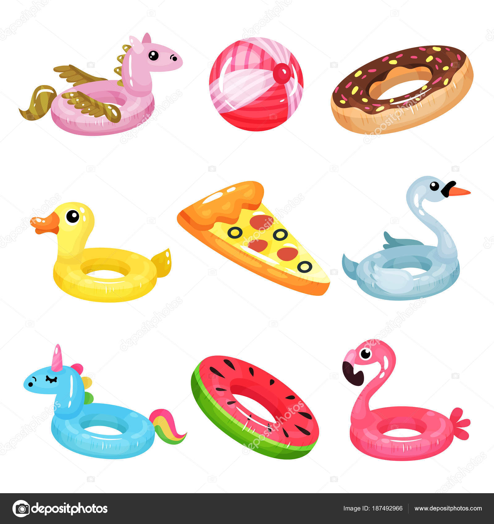 Anelli in varie forme di pegasus ciambella cigno anatra unicorno flamingo e anguria Materasso gonfiabile a forma di fetta di pizza Disegno vettoriale