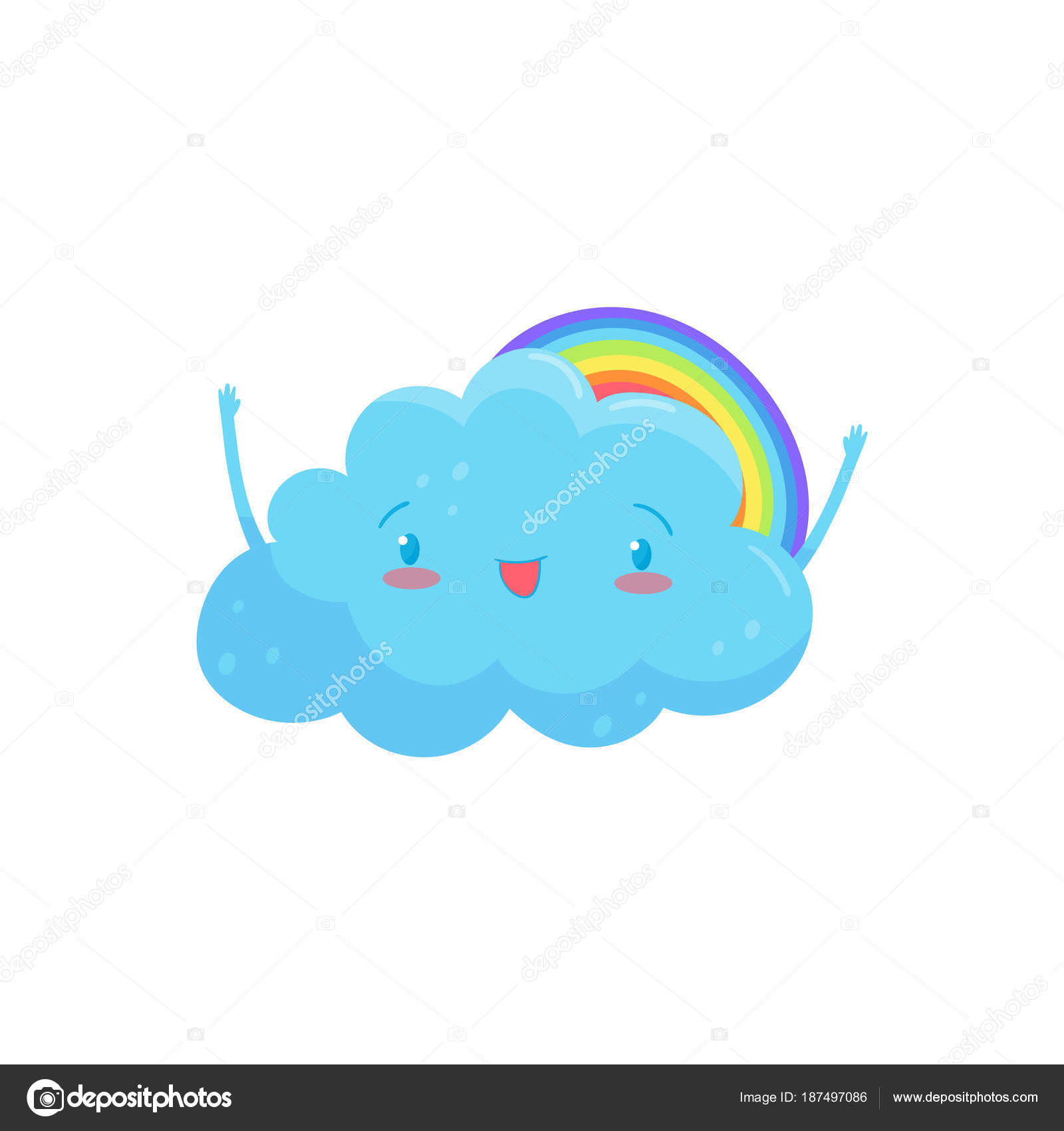 Nuvola blu felice con adorabile volto e le mani colorato arcobaleno tro di lui Meteo animato Disegno per la cartolina d auguri adesivo o gioco per
