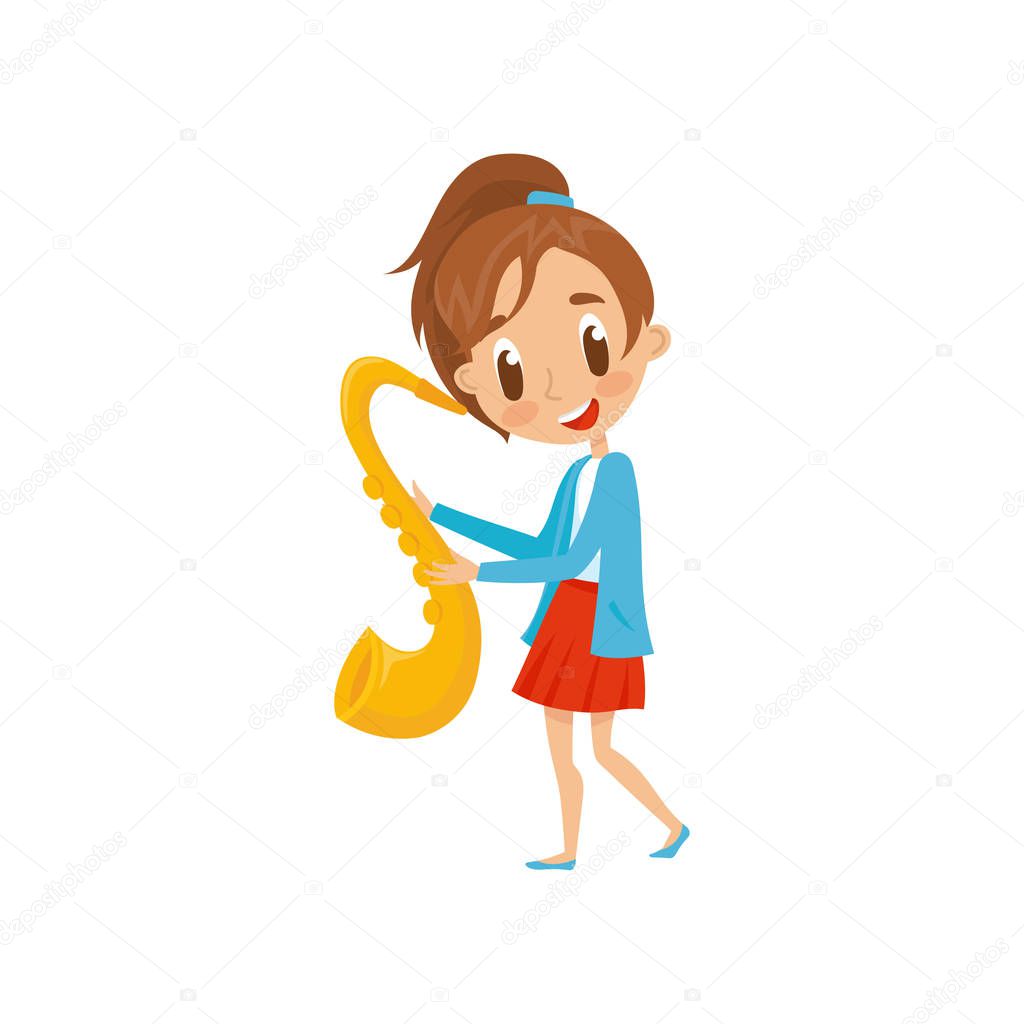 Cute girl playing saxophone, talented little musician character with