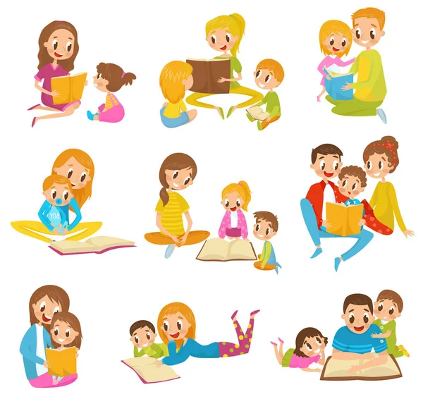 Parents Reading Books To They Kids Together Set Cartoon Vector Illustrations On A White Background Stock Vector Image By C Happypictures