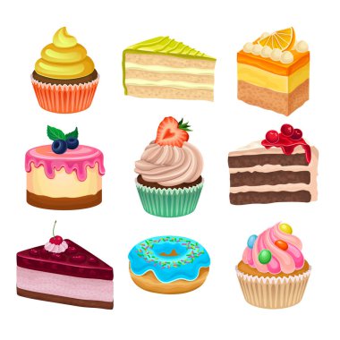 Flat vector set of various sweet desserts. Cupcakes, doughnut and cakes. Tasty baked goods. Flat vector icons