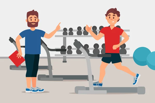 Trainer and young man on treadmill. Sport gym interior with equipment. Active workout. Colorful flat vector design