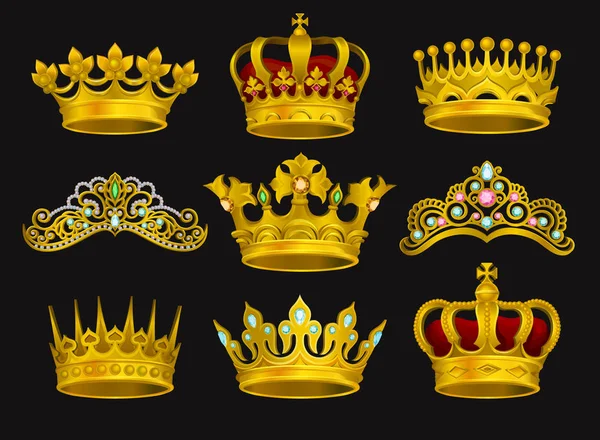 Realistic vector set of golden crowns and tiaras decorated with precious stones. Shiny headdress of royal person Royalty Free Stock Vectors