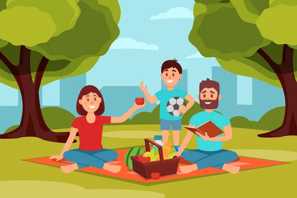 Family on picnic in park. Parents sitting on blanket, kid holding ball. Green trees, bushes and city buildings on background. Flat vector design