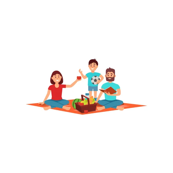 Mother, father and their little son on picnic. Family recreation on nature. Summer outdoor activity. Flat vector design