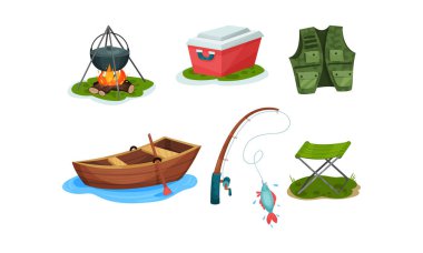 The Concept Of Outdoor Activities. Fishing Equipment Vector Illustration Set Isolated On White Background vector The Concept Of Outdoor Activities. Fishing Equipment Vector Illustration Set Isolated On White Background vector