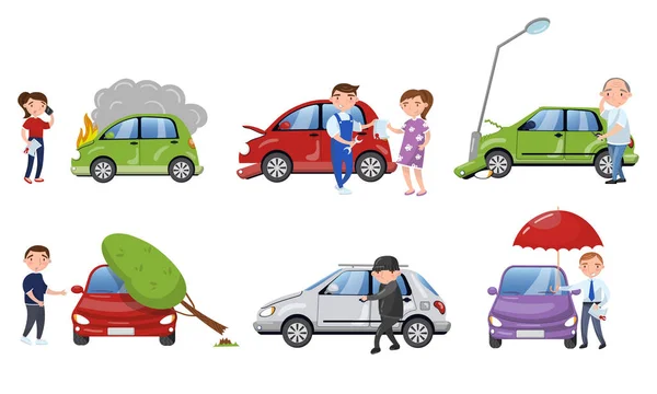 People Suffering From Different Car Accidents Vector Illustrations — Stock Illustration People Suffering From Different Car Accidents Vector Illustrations Royalty Free Stock Illustrations