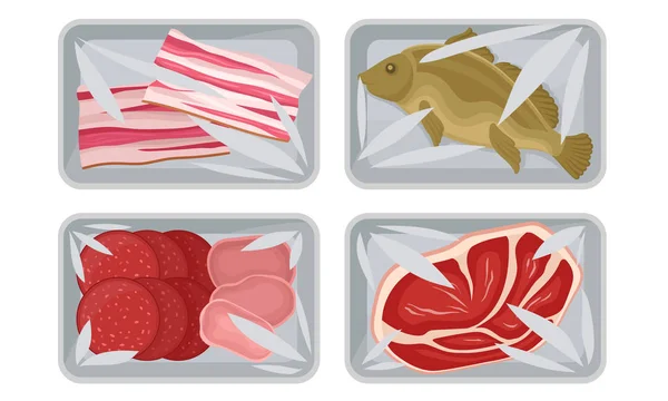 Meat and Fish Packed in Boxes Under Vacuum Food Packaging Film for Keeping Safe Vector Set